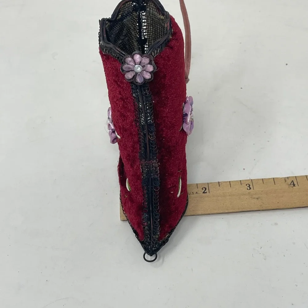 Vintage Victorian Style Burgundy Velvet Wire Mesh Boot Ornament Ribbon Flower